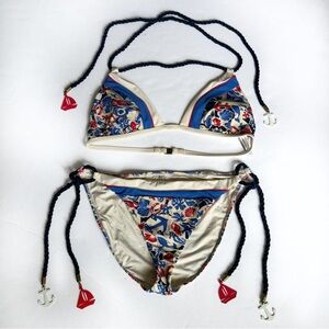 Nanette Lepore Nautical Bikini Swimsuit Womens Large Red Blue Sailor Y2K Swim